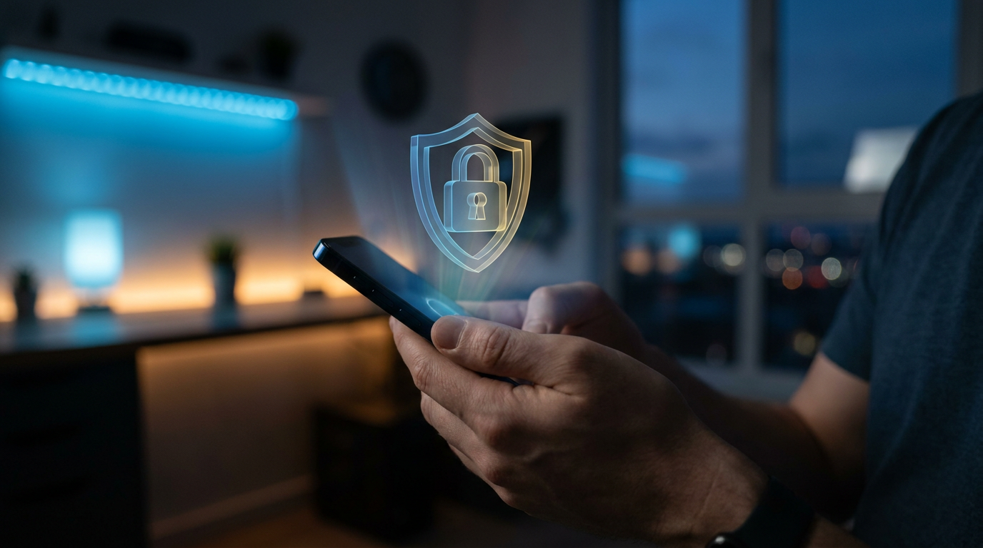 Ilustrasi keamanan data keuangan yang menampilkan layar ponsel pintar dengan hologram perisai bercahaya sebagai simbol enkripsi dan kebersihan data.