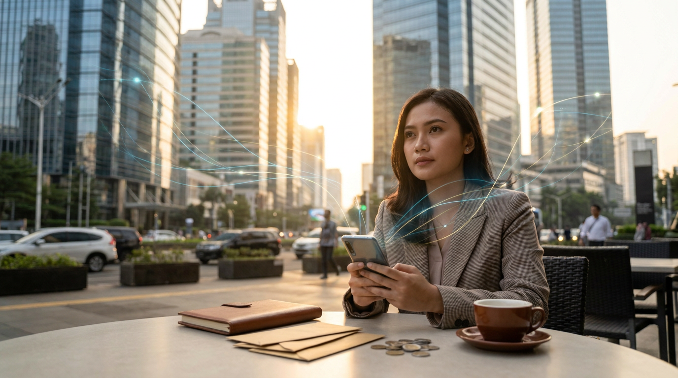 Seorang profesional muda di kawasan bisnis Jakarta menggunakan ponsel pintar dengan ilustrasi garis jaringan digital yang melambangkan infrastruktur keuangan dan open banking.