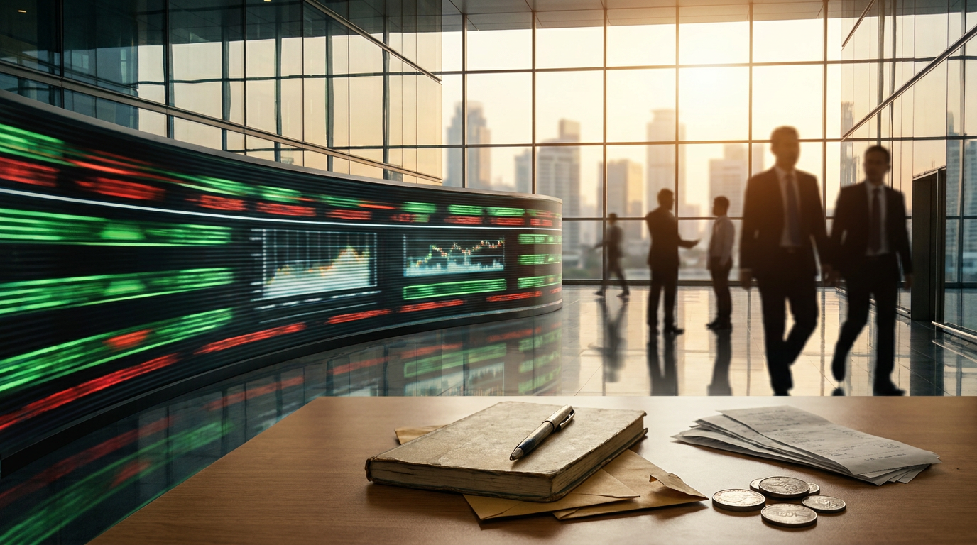 Papan digital pergerakan harga saham yang menunjukkan volatilitas pasar modal dan sentimen investor.