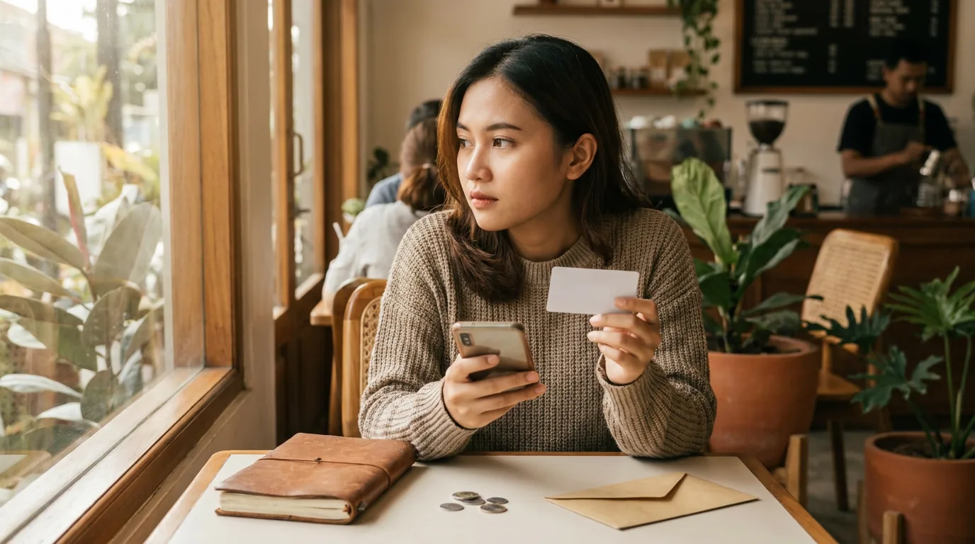 Pemuda Indonesia memegang smartphone memikirkan anggaran belanja