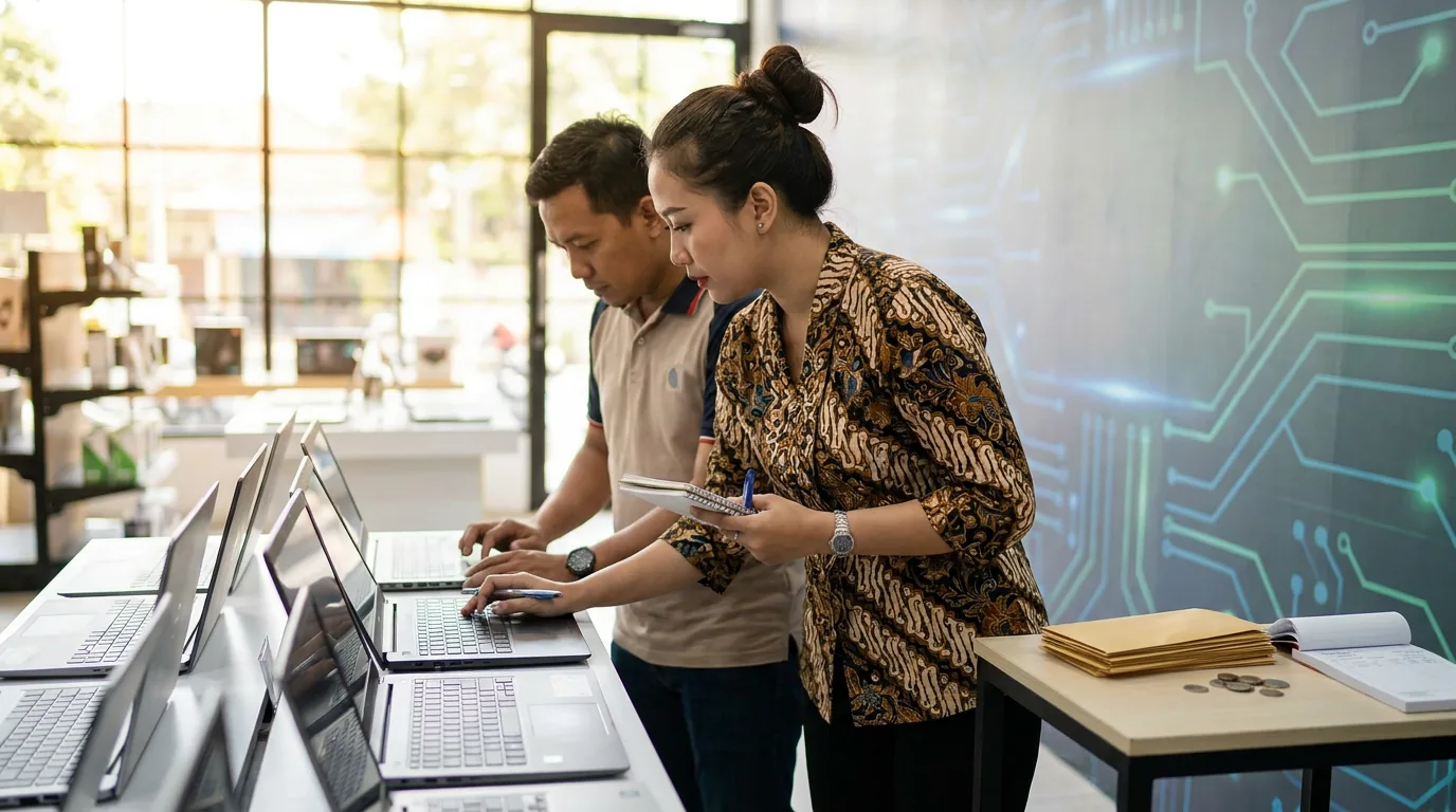 Konsumen Indonesia melihat laptop di toko elektronik