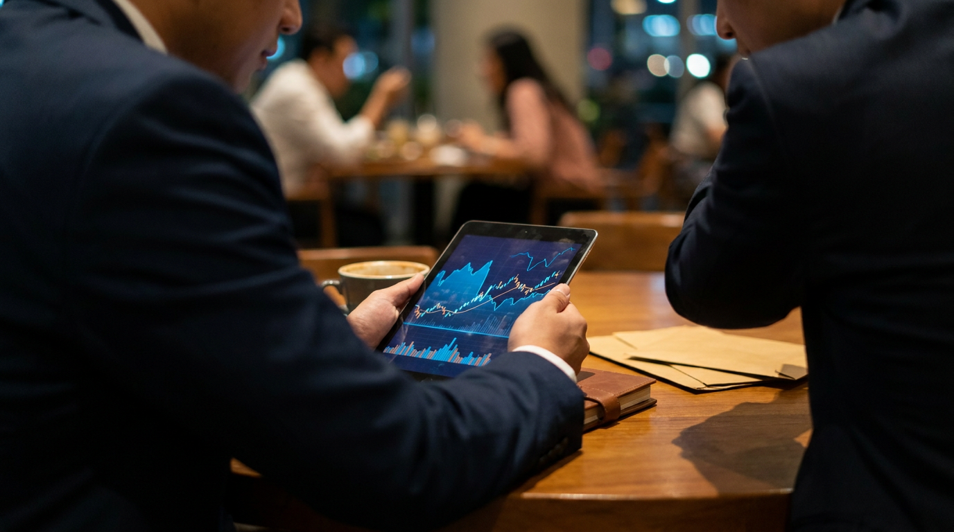 Dua orang berjas formal sedang duduk di kafe remang-remang di Jakarta, salah satunya secara diam-diam menunjukkan grafik keuangan di layar tablet, merepresentasikan pertukaran informasi rahasia.