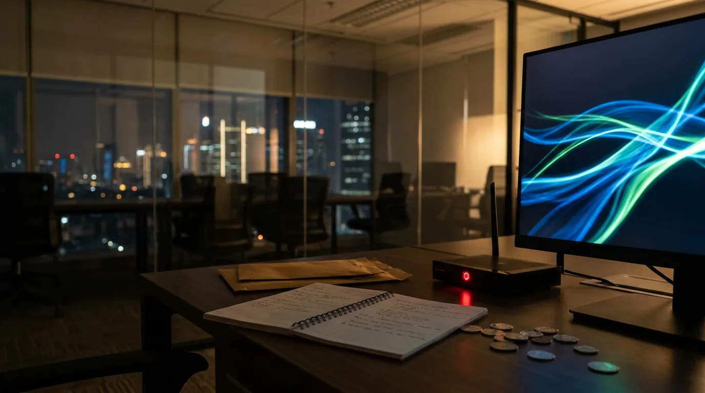 Suasana meja kantor modern di malam hari dengan layar monitor yang menampilkan aliran data abstrak, menggambarkan celah keamanan komunikasi internal pada institusi keuangan.