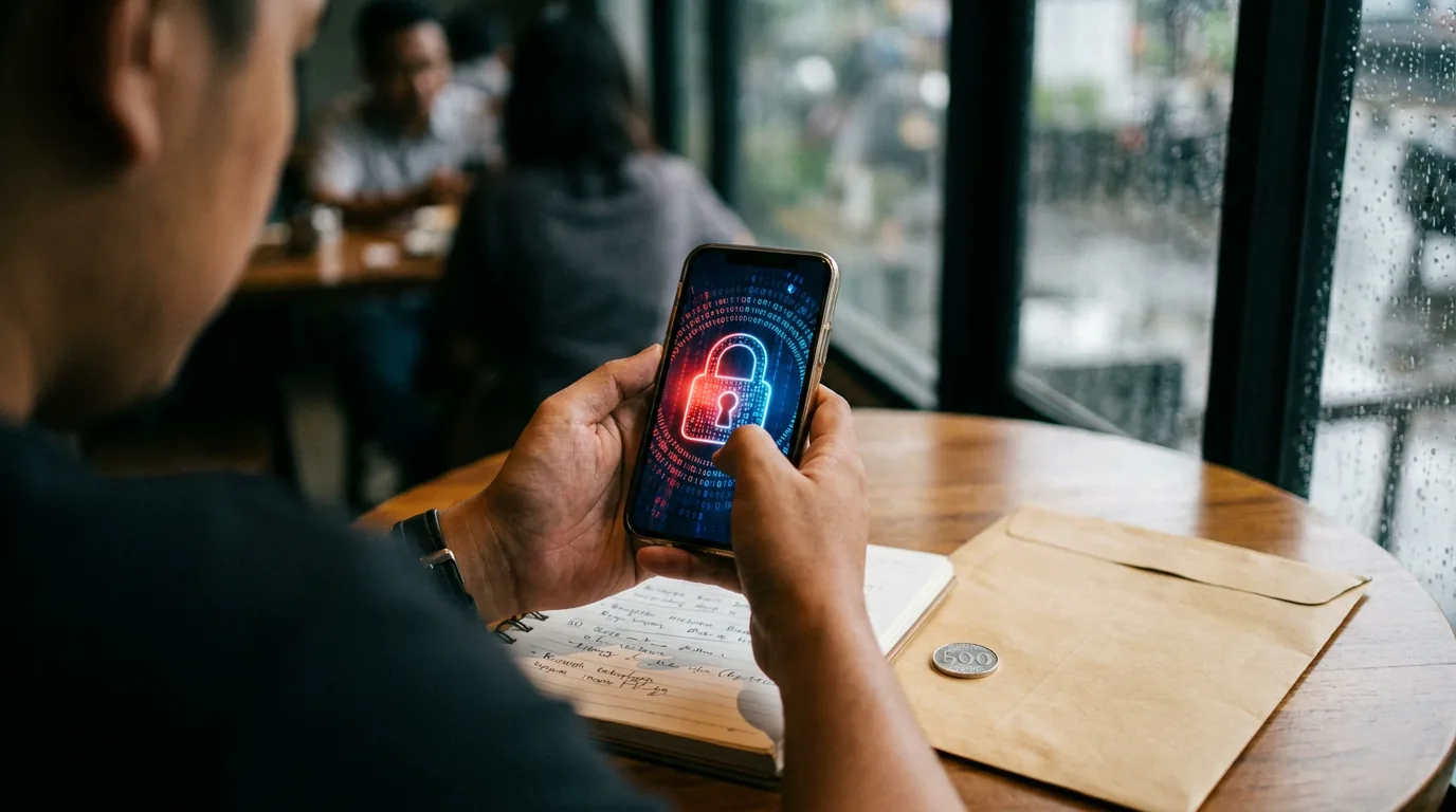 Ilustrasi seseorang memegang ponsel pintar dengan grafis gembok digital abstrak berwarna merah dan biru yang melambangkan ancaman keamanan siber dan kebocoran data bank.