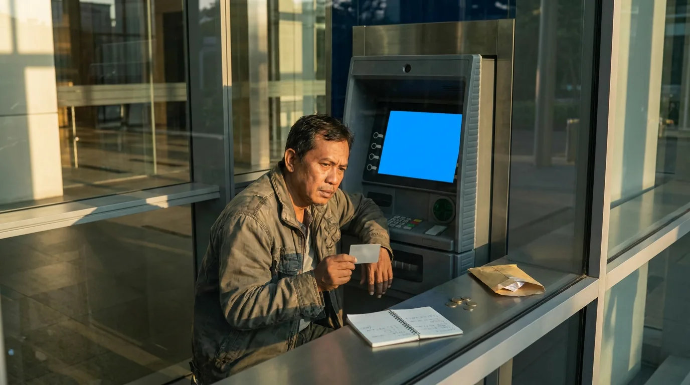 Seorang pria Indonesia tampak frustrasi di depan mesin ATM karena tidak bisa mengakses dananya akibat sistem yang bermasalah.