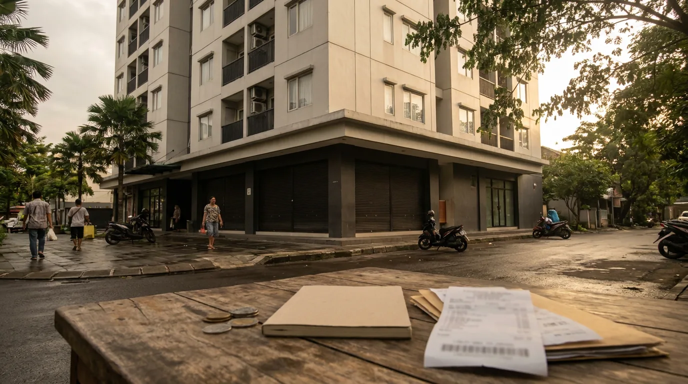 Kompleks apartemen dan ruang komersial yang sepi di area perkotaan sebagai ilustrasi tantangan arus kas dan margin keuntungan properti.