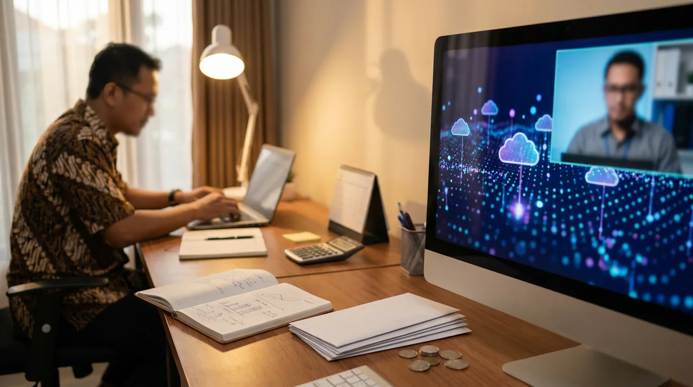 Layar monitor yang menampilkan grafik komputasi awan dan data abstrak di sebuah kantor modern, merepresentasikan sistem keamanan siber perusahaan.