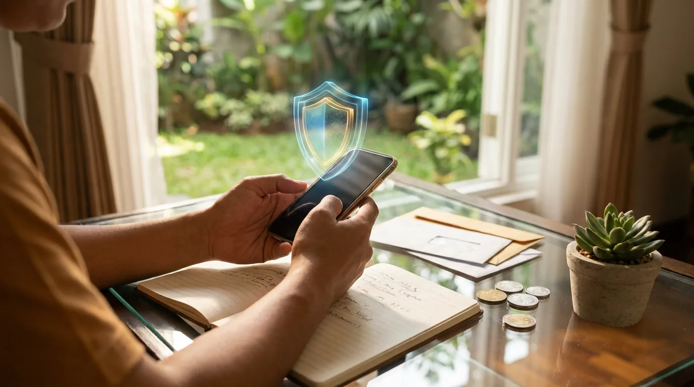 Tangan seseorang memegang ponsel pintar dengan ilustrasi perisai abstrak bercahaya, melambangkan perlindungan privasi finansial dan keamanan digital.