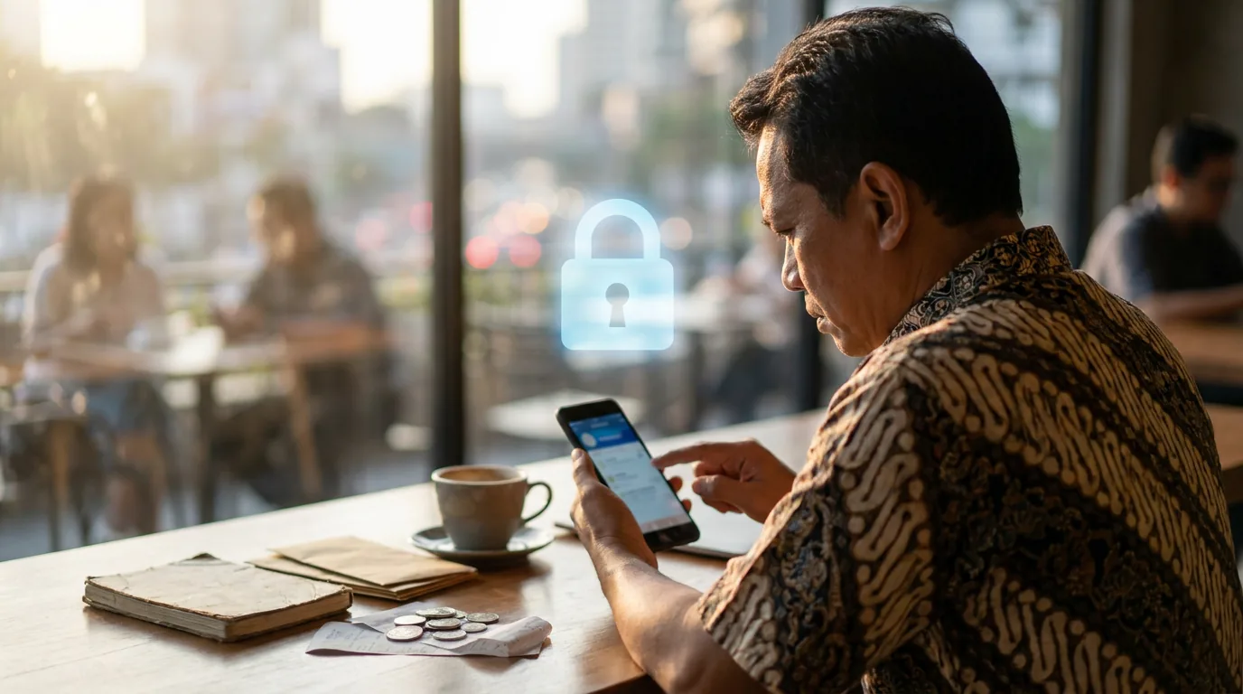 Seorang pria di kafe Jakarta terlihat ragu saat melihat layar ponselnya, melambangkan kewaspadaan terhadap ancaman keamanan data keuangan dan manipulasi psikologis.