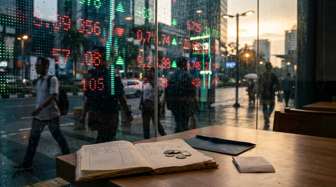 Papan angka bursa valuta asing abstrak di kawasan bisnis Jakarta.