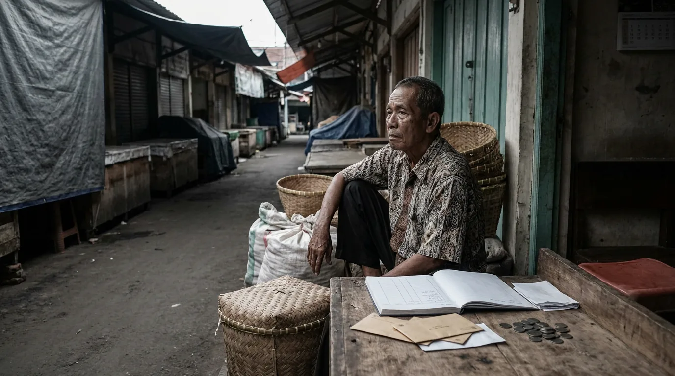 Pedagang UMKM di pasar tradisional yang sepi pembeli, menggambarkan lesunya roda bisnis dan melemahnya perputaran uang di masyarakat.