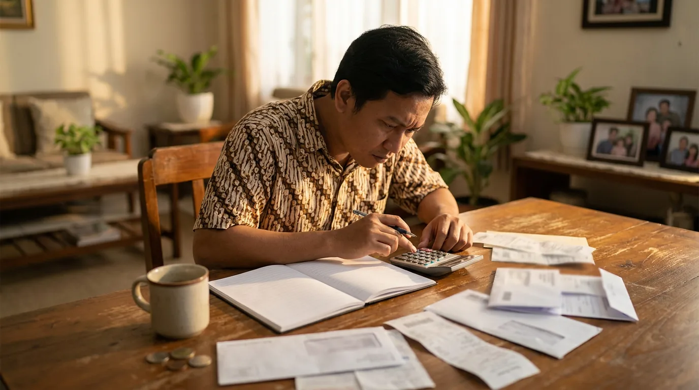 Seseorang sedang fokus mengevaluasi anggaran bulanan dan menghitung pengeluaran di rumah untuk menjaga arus kas tetap aman saat ekonomi lesu.