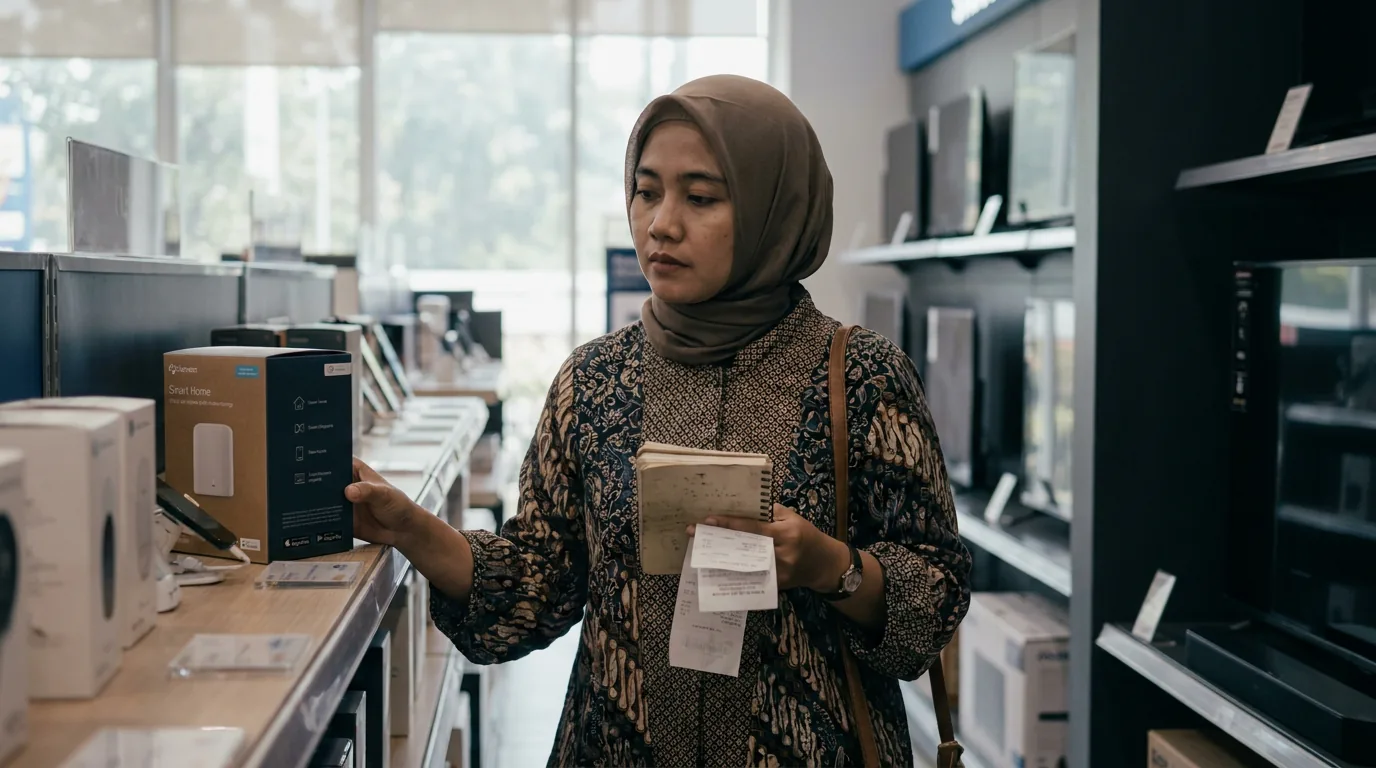 Seorang konsumen di Indonesia tampak ragu saat melihat barang di pusat perbelanjaan, mencerminkan turunnya keyakinan konsumen dan keengganan berbelanja.