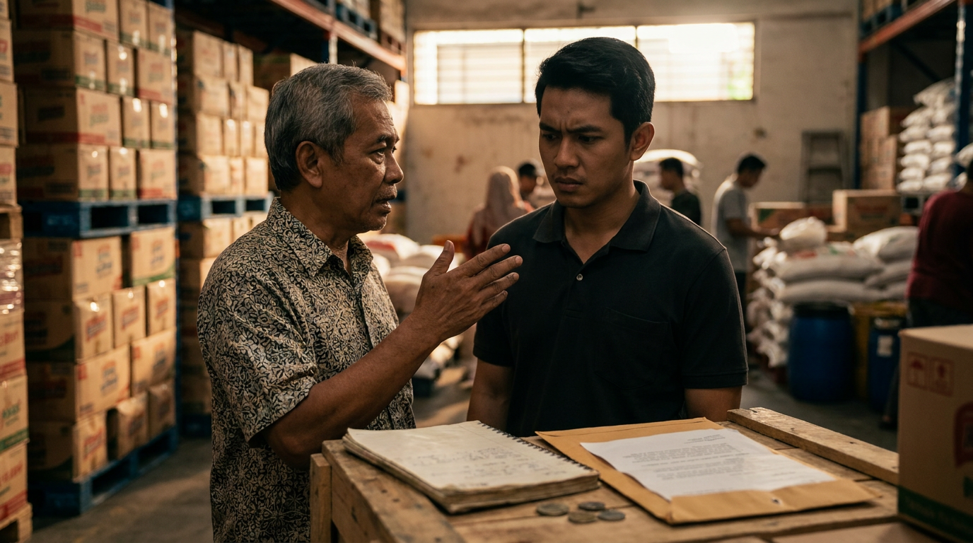 Dua generasi pengusaha keluarga di Indonesia sedang berdiskusi serius di area gudang, menggambarkan tantangan dan potensi konflik dalam suksesi bisnis keluarga.