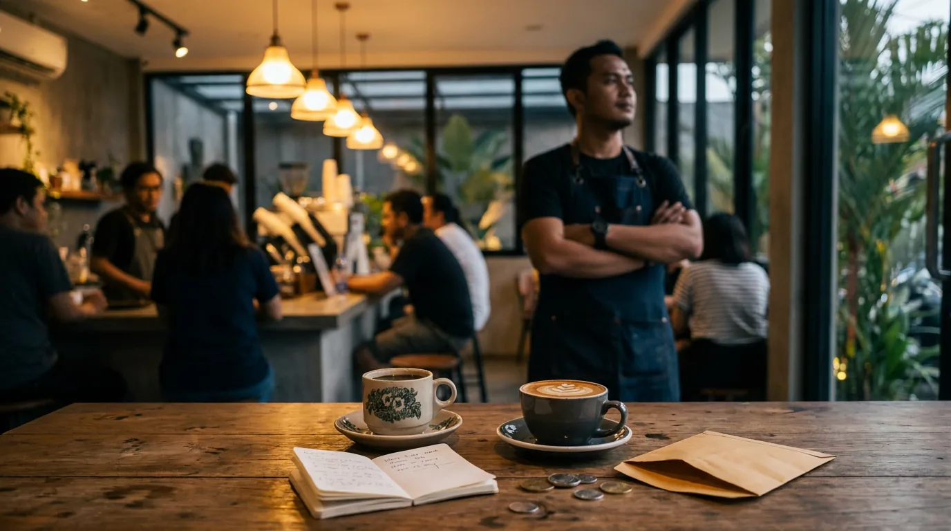 Dua cangkir kopi di atas meja sebuah kedai kopi lokal dengan manajer yang tampak berpikir di latar belakang, menggambarkan analogi benturan kepentingan bisnis.
