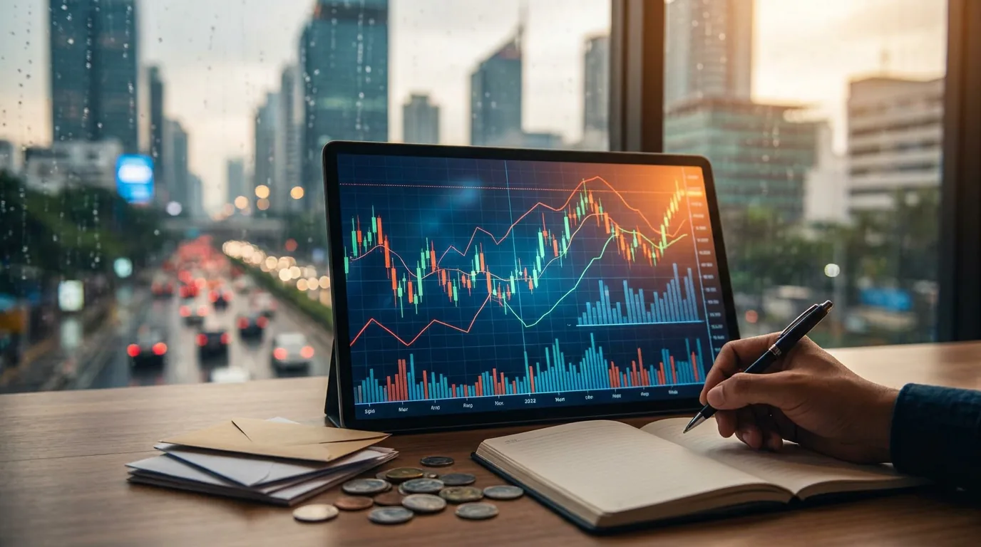Papan pergerakan saham digital abstrak yang menunjukkan fluktuasi harga di pasar modal akibat ketidakpastian internal perusahaan.