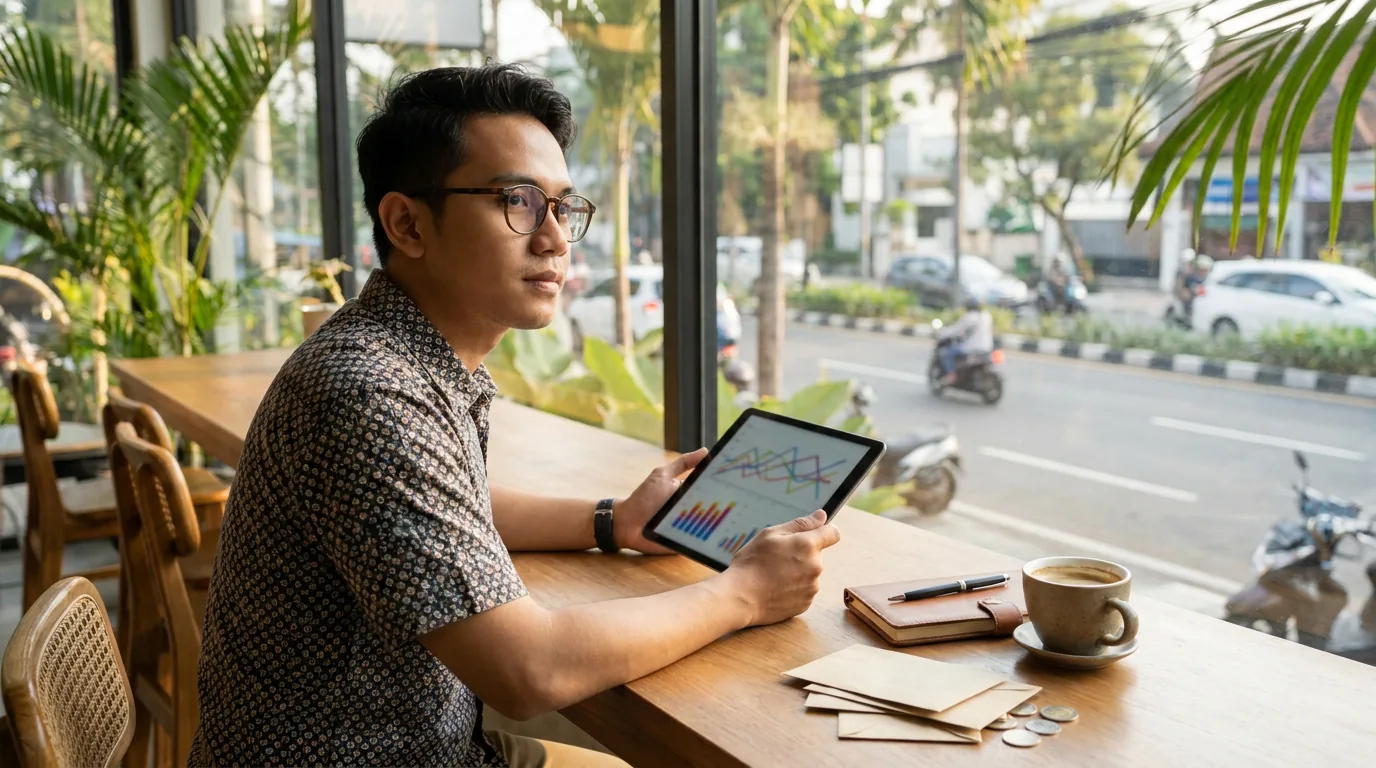 Seorang investor ritel muda di Indonesia sedang menganalisis portofolio keuangan melalui tablet untuk mengambil langkah taktis mengamankan aset.