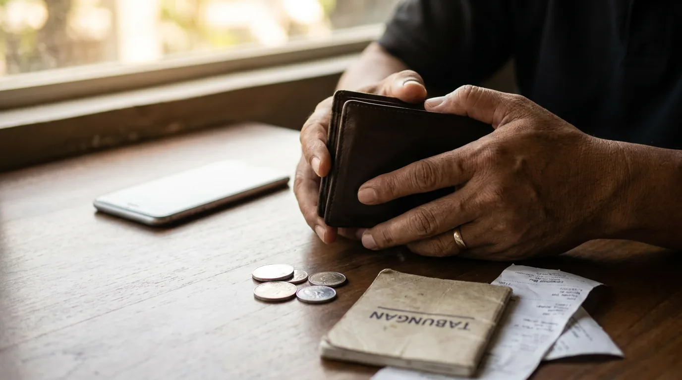 Tangan seseorang memegang dompet kulit yang tertutup rapat di atas meja kafe, dengan sebuah smartphone yang blur di latar belakang sebagai simbol menunda pembelian gadget.