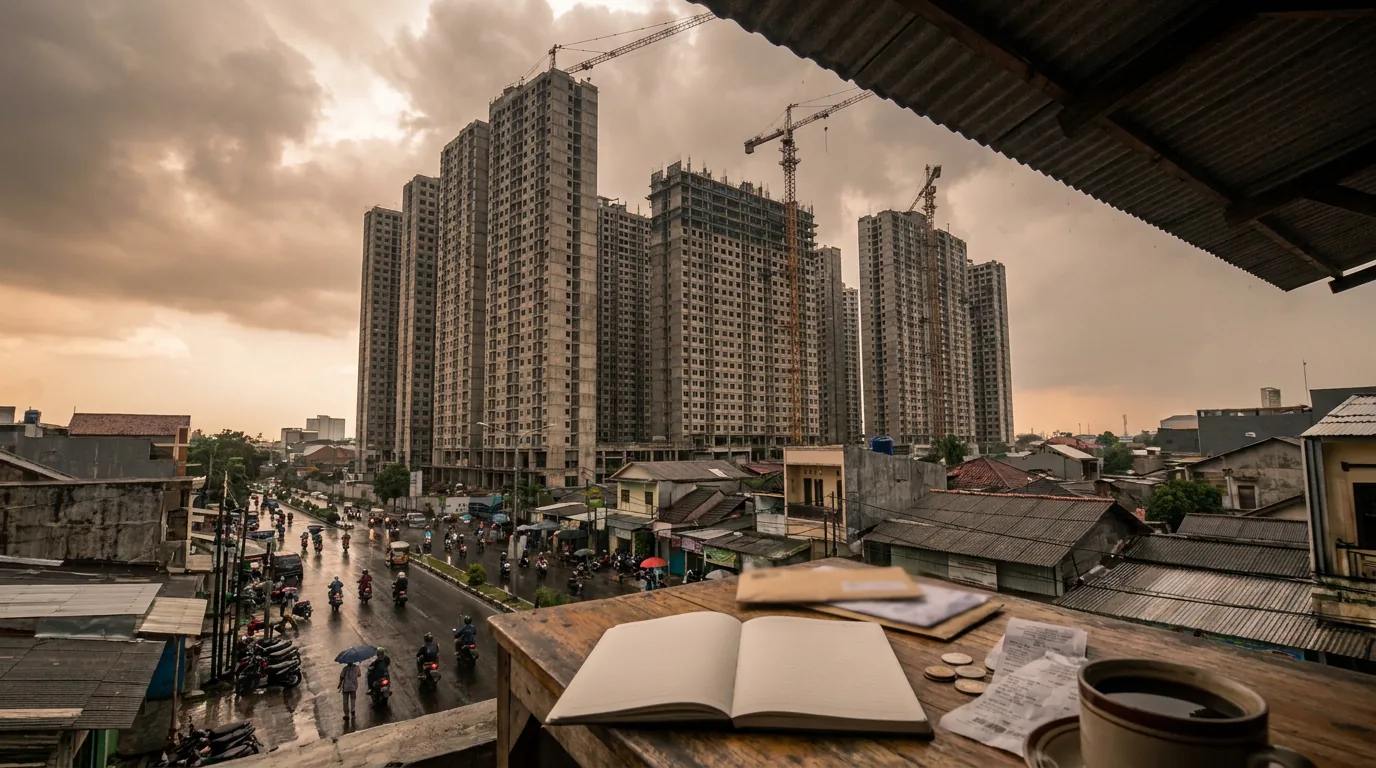 Ilustrasi deretan gedung apartemen bertingkat yang pembangunannya terhenti mewakili krisis properti.