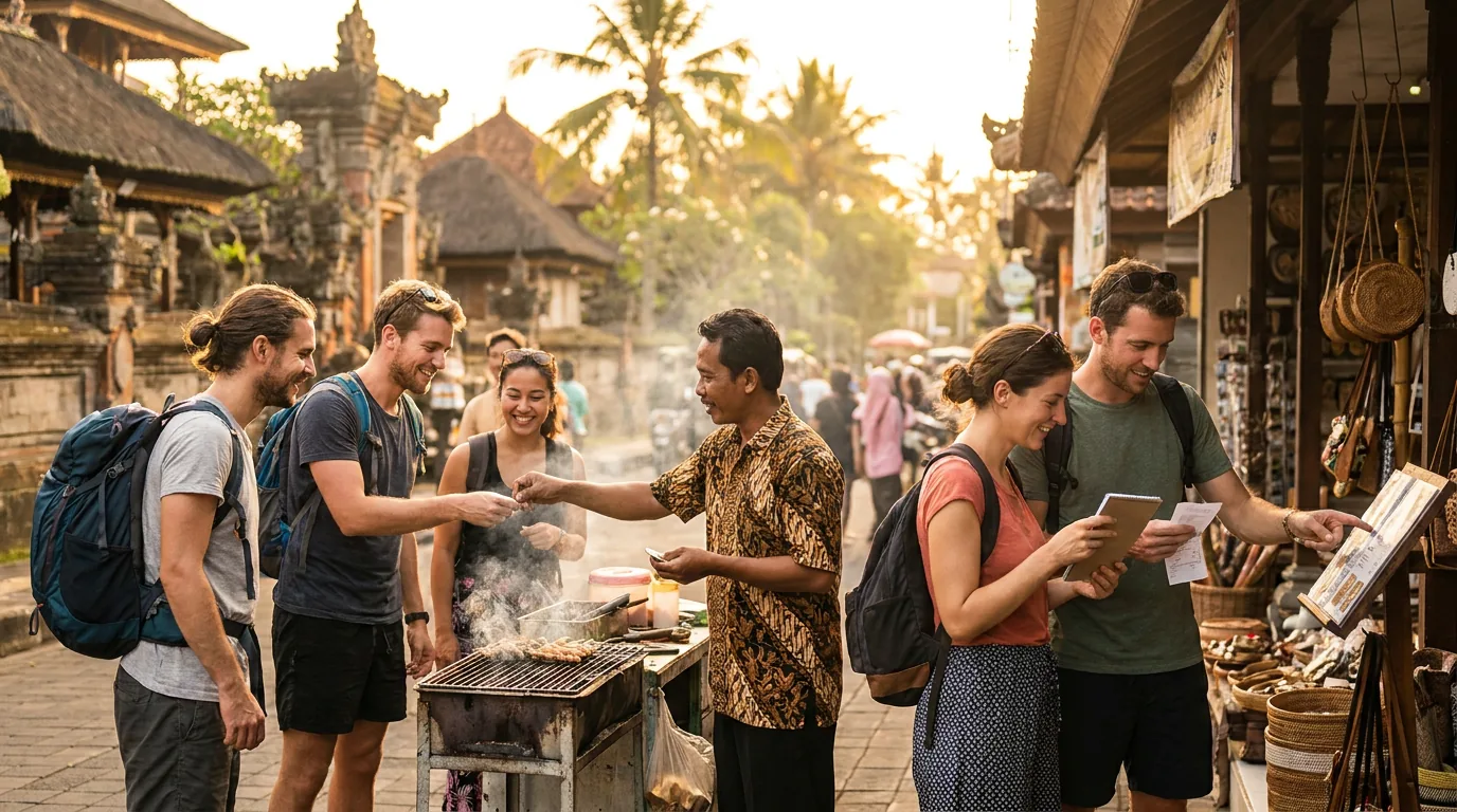 Suasana jalanan wisata di Bali yang ramai dengan turis asing berinteraksi dengan pedagang lokal, menandakan kebangkitan ekonomi pariwisata.