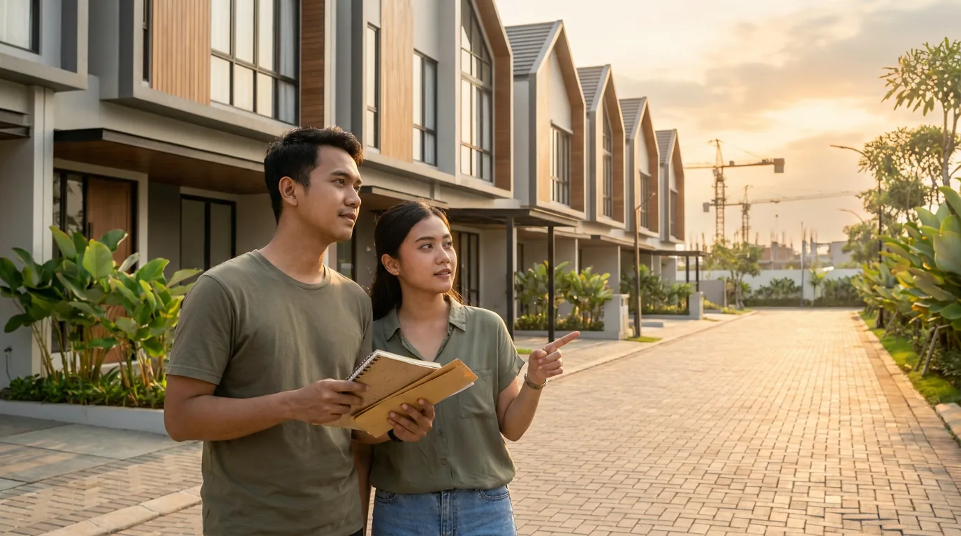 Pasangan muda Indonesia sedang melihat kompleks perumahan baru, merepresentasikan penyaluran kredit pemilikan rumah (KPR) yang menjadi sumber pendapatan bunga bank.