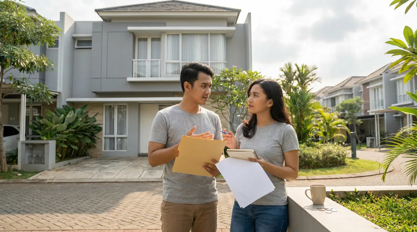 Pasangan muda Indonesia sedang berdiskusi di depan rumah kawasan perumahan, merepresentasikan pertimbangan cicilan KPR di tengah naiknya suku bunga.
