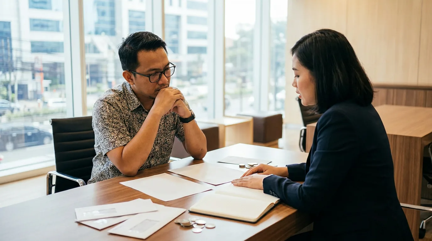 Nasabah sedang berkonsultasi dengan petugas bank di kantor cabang untuk negosiasi ulang suku bunga pinjaman.