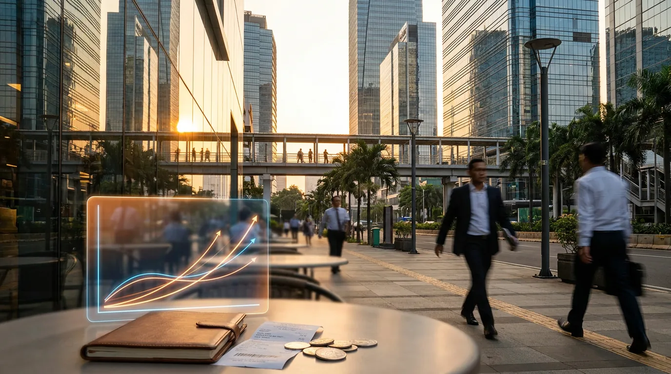 Gedung perkantoran dan perbankan di kawasan finansial Jakarta dengan latar depan garis tren keuangan abstrak yang menanjak.