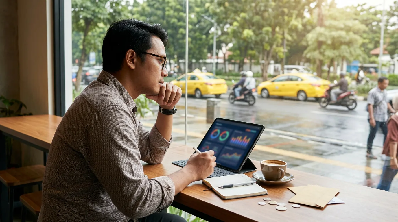 Seorang investor ritel Indonesia sedang mengevaluasi risiko portofolio keuangannya melalui tablet di sebuah kafe di Jakarta.
