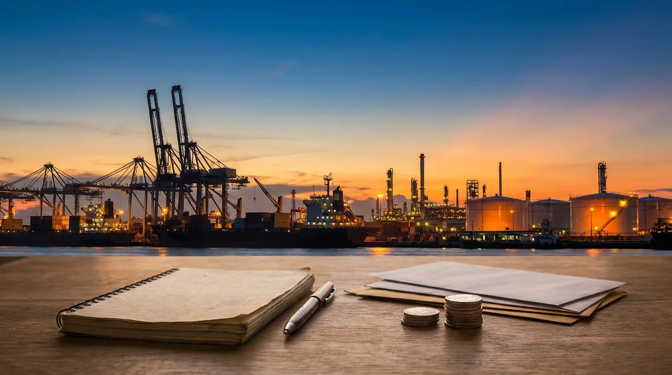 Fasilitas kilang minyak dan pelabuhan industri di Indonesia pada waktu senja, merepresentasikan skala besar investasi dan risiko sektor energi.