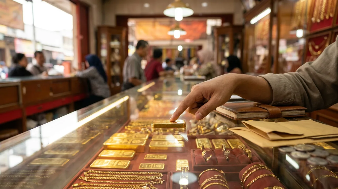 Tangan pelanggan menunjuk emas batangan di toko emas pasar tradisional Indonesia sebagai bentuk investasi defensif saat pasar sedang tidak menentu.
