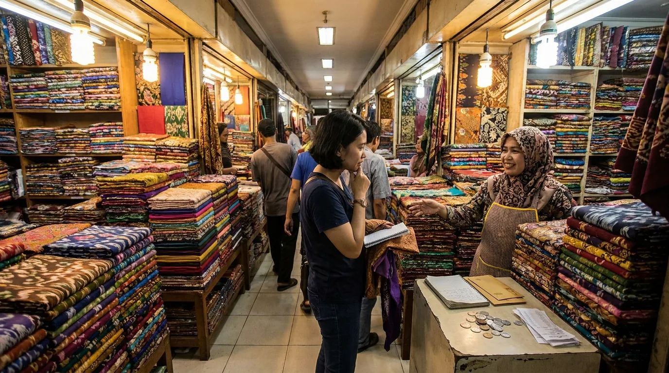 Aktivitas perdagangan di pasar grosir tekstil di Indonesia, menunjukkan denyut nadi ekonomi lokal yang dipengaruhi oleh arus barang dan perdagangan internasional.