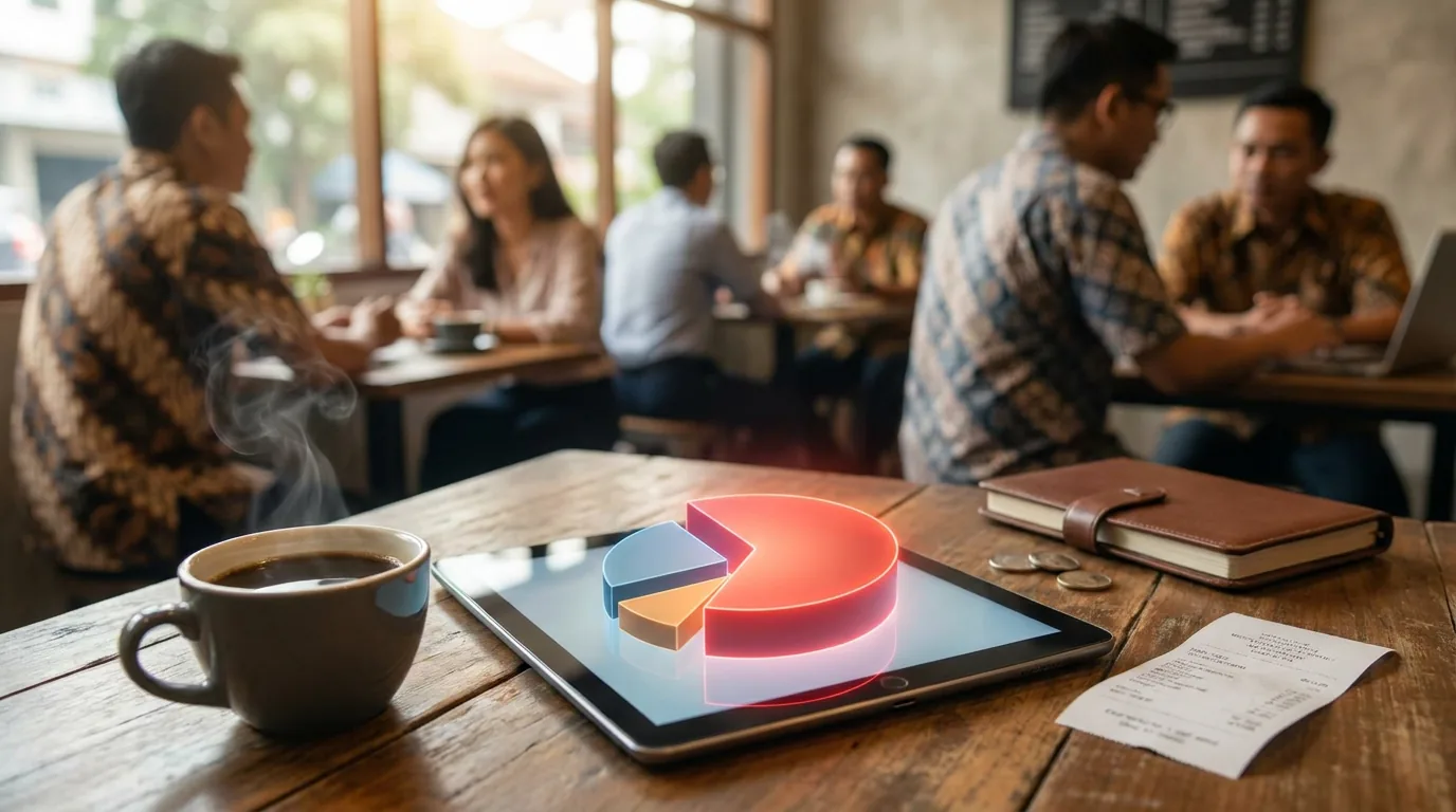 Layar tablet menampilkan grafik pie chart yang tidak seimbang di atas meja kafe Jakarta, melambangkan risiko konsentrasi portofolio pada satu sektor.
