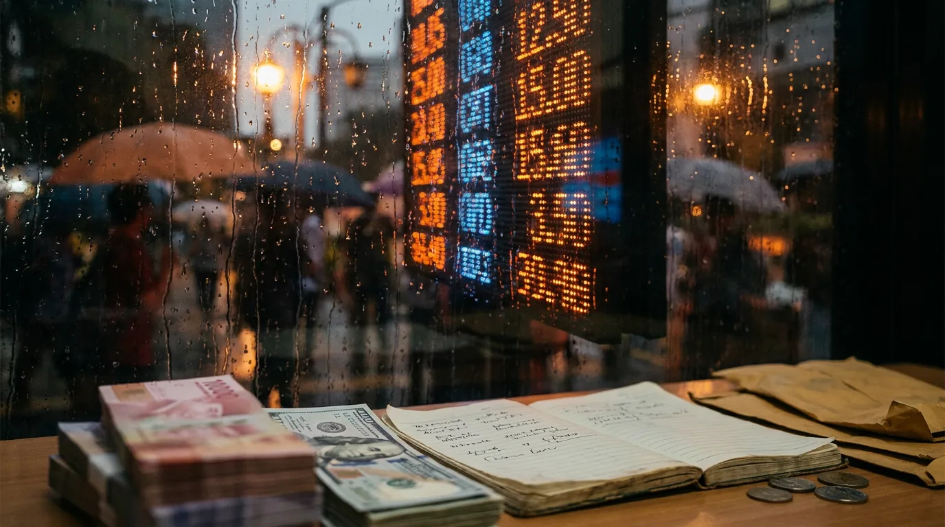 Papan penukaran mata uang asing yang menyala di kawasan bisnis Jakarta dengan tumpukan uang Rupiah yang blur di latar depan, menggambarkan dampak volatilitas global.