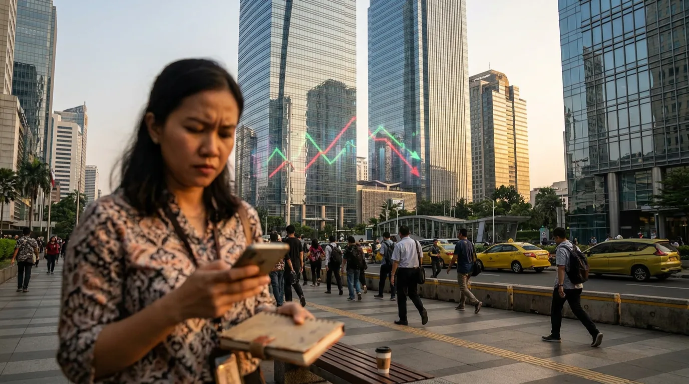 Seorang pekerja kantoran di kawasan bisnis Jakarta tampak khawatir melihat ponselnya, dengan latar belakang gedung bank modern dan grafik keuangan yang menanjak.