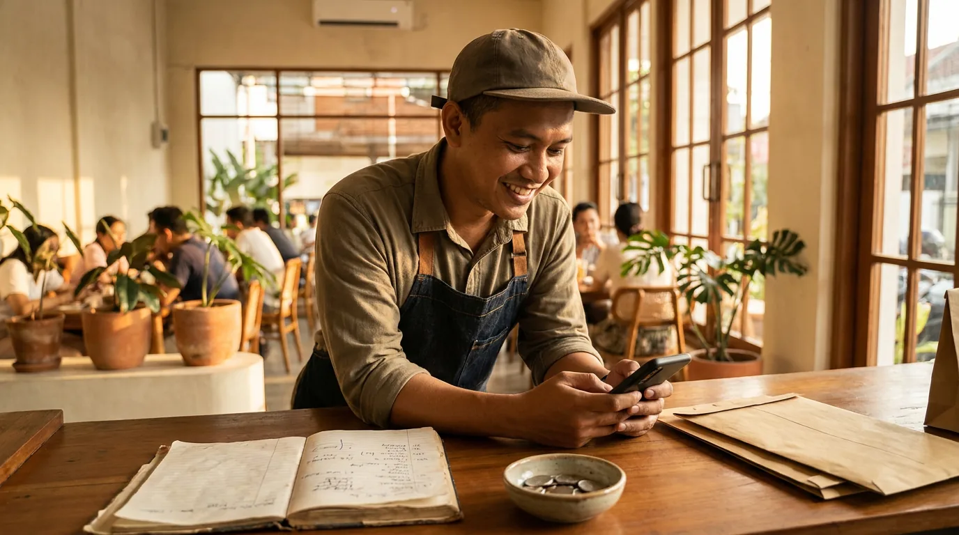 Pemilik kedai kopi lokal di Indonesia sedang mengecek ponsel pintar di meja kasir dengan santai, menunjukkan kemudahan akses teknologi keuangan untuk UMKM.