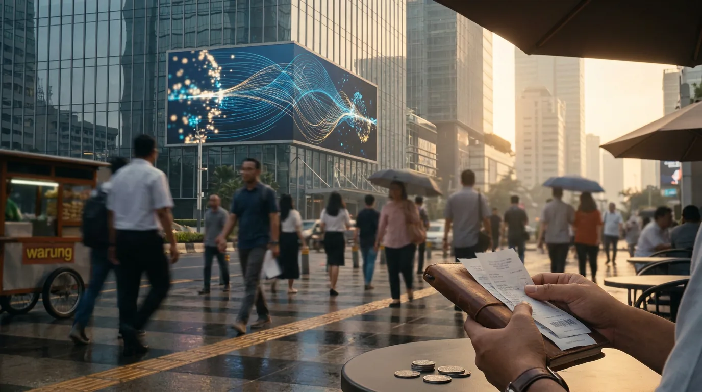 Suasana distrik keuangan modern dengan elemen data digital abstrak yang melambangkan integrasi aset fisik dan buku besar digital global.