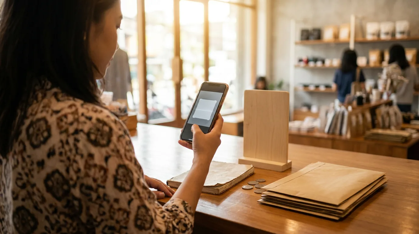 Seseorang melakukan pembayaran digital menggunakan ponsel pintar di toko ritel modern, menggambarkan kemudahan transaksi tanpa gesekan yang memengaruhi psikologis pengeluaran.