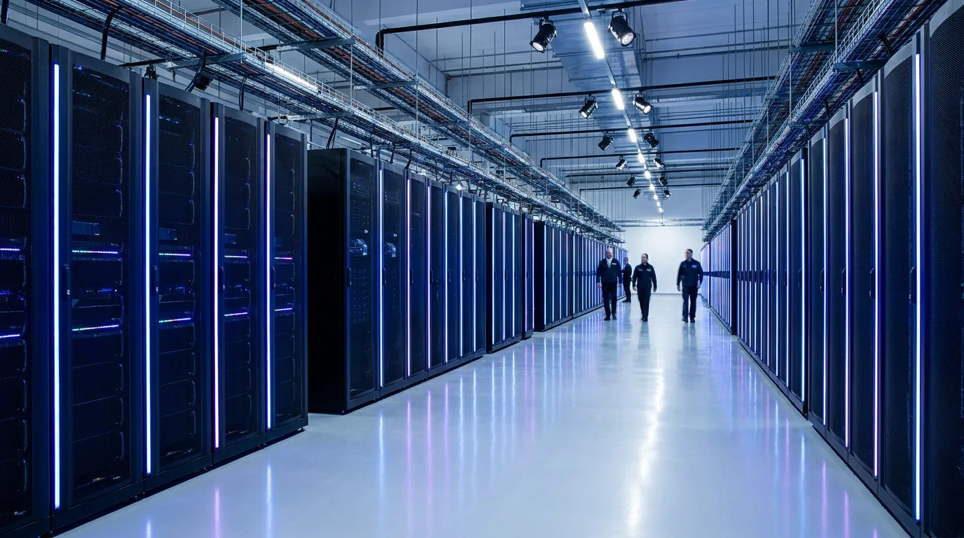 Deretan rak server modern yang menyala dengan lampu LED biru dan ungu di dalam pusat data berskala besar yang menjadi infrastruktur utama pengembangan kecerdasan buatan.