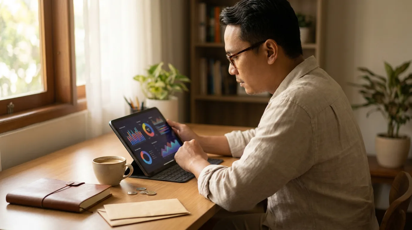 Seorang profesional Indonesia sedang fokus menganalisis grafik portofolio keuangan abstrak pada layar tablet di ruang kerja rumah yang nyaman untuk merencanakan strategi investasi.
