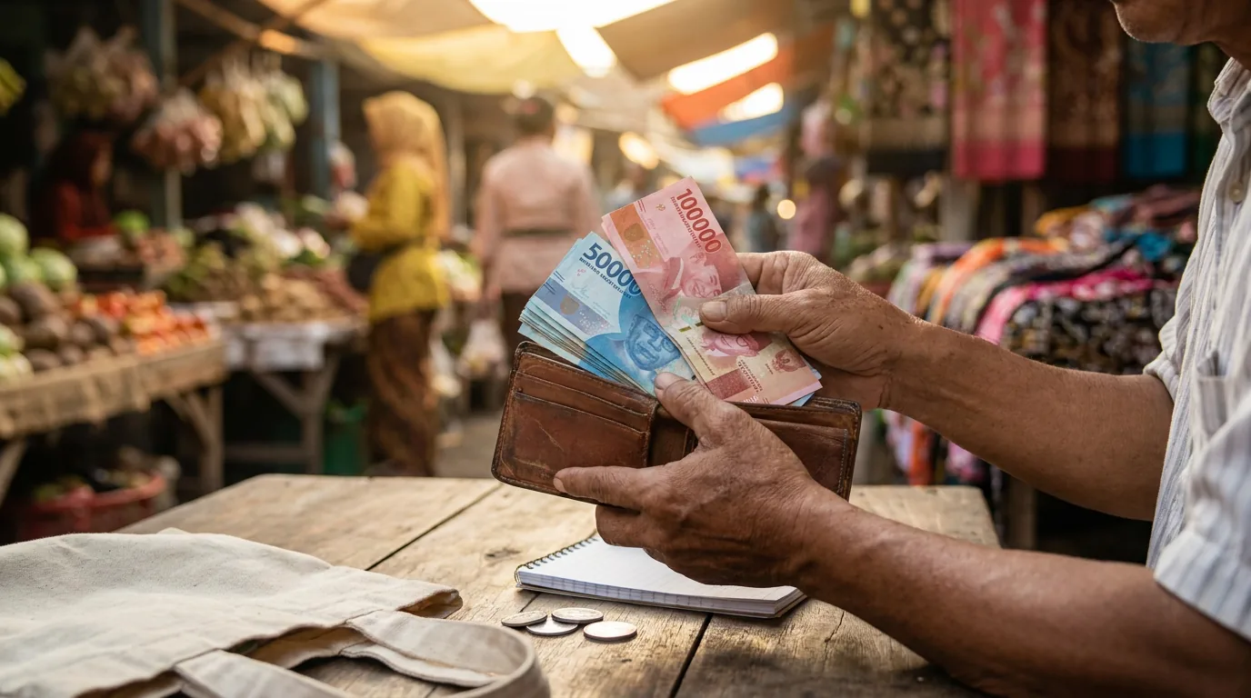 Tangan memegang beberapa lembar uang Rupiah dengan latar belakang aktivitas pasar tradisional Indonesia yang buram.