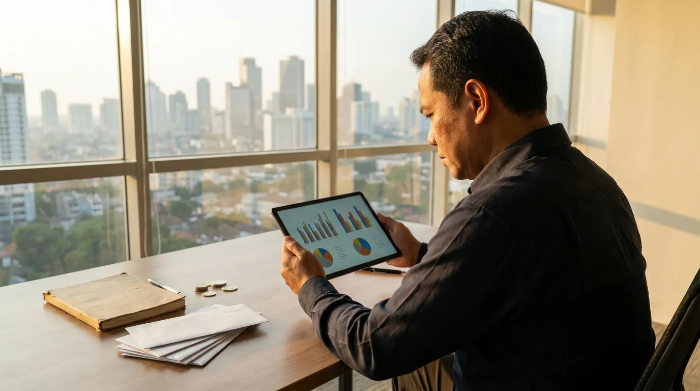 Seorang profesional di Indonesia sedang melakukan audit aset pribadi dan mengecek portofolio keuangan melalui tablet untuk persiapan pajak.