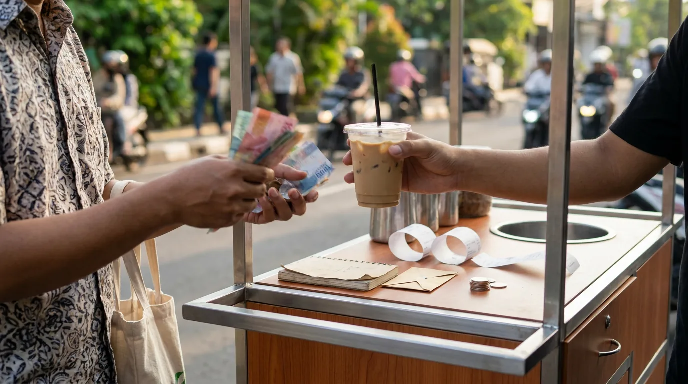 Seseorang membeli es kopi susu di kedai pinggir jalan, mewakili pengeluaran gaya hidup harian yang perlu dicatat secara rutin.