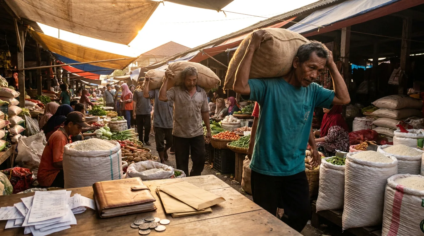 Aktivitas bongkar muat bahan pokok di pasar induk Indonesia sebagai representasi stabilitas ekonomi dan kebutuhan esensial.