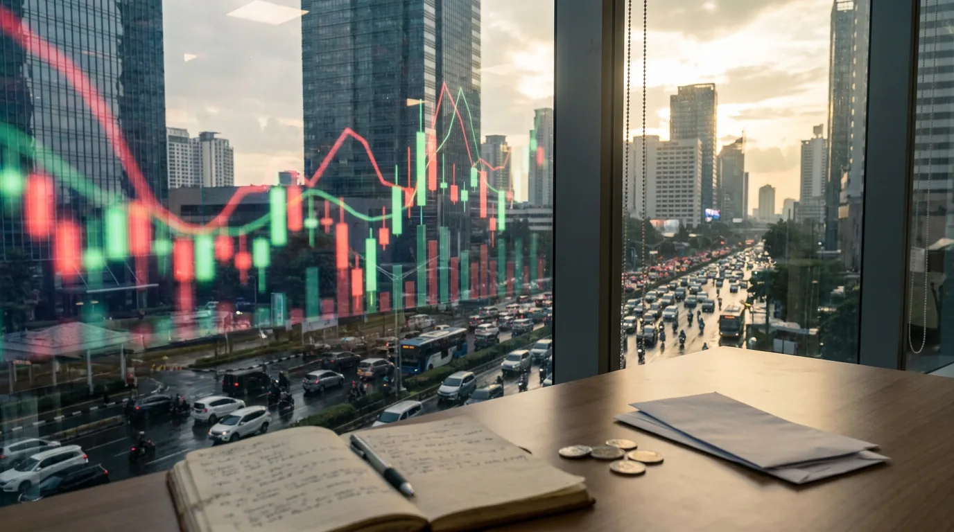 Pantulan grafik pergerakan harga saham di kaca gedung perkantoran distrik keuangan Jakarta, menggambarkan dinamika pasar modal dan tantangan psikologis bagi investor ritel.