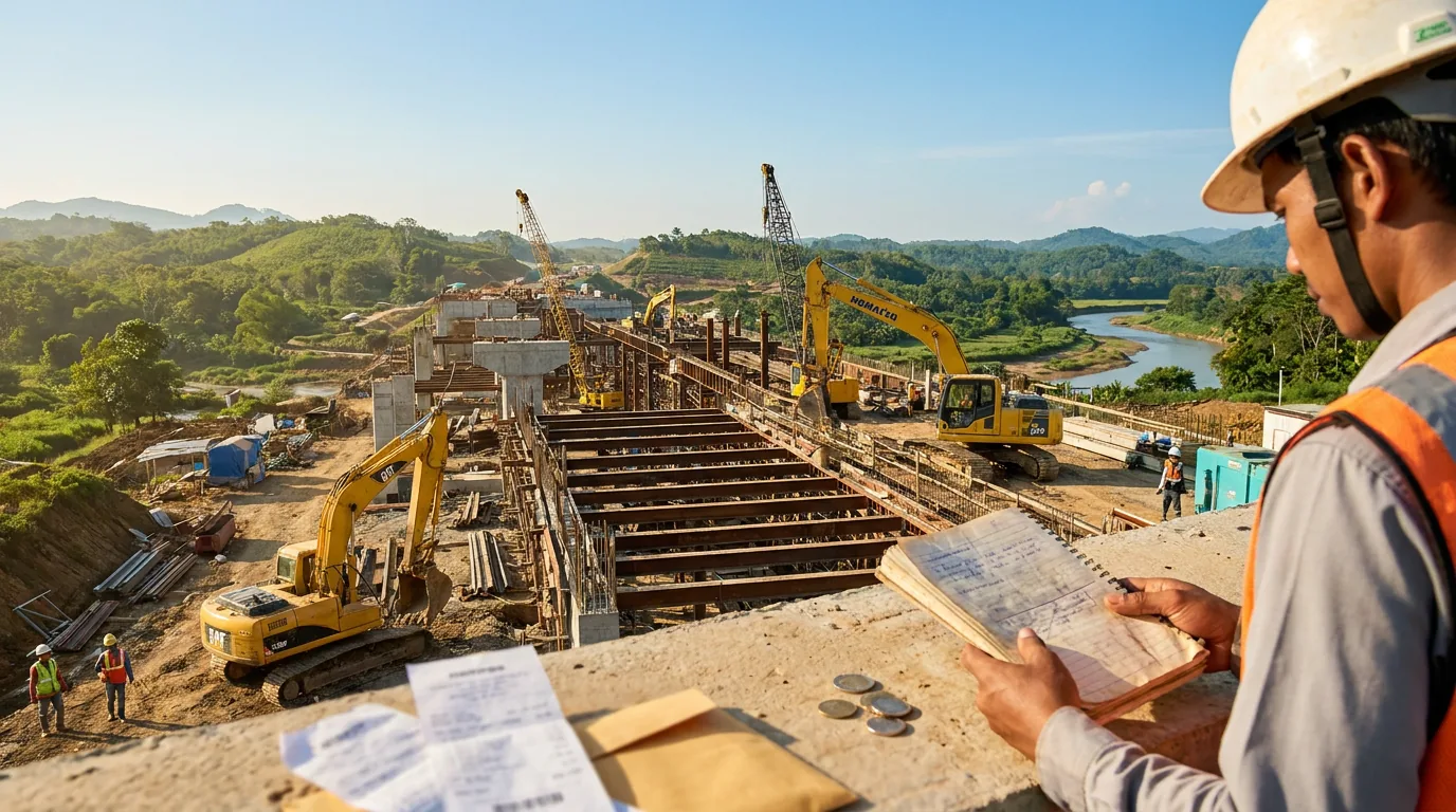 Proyek pembangunan infrastruktur berskala besar di Indonesia dengan alat berat yang sedang beroperasi, mewakili kekuatan fundamental dan potensi investasi di sektor riil non-teknologi domestik.