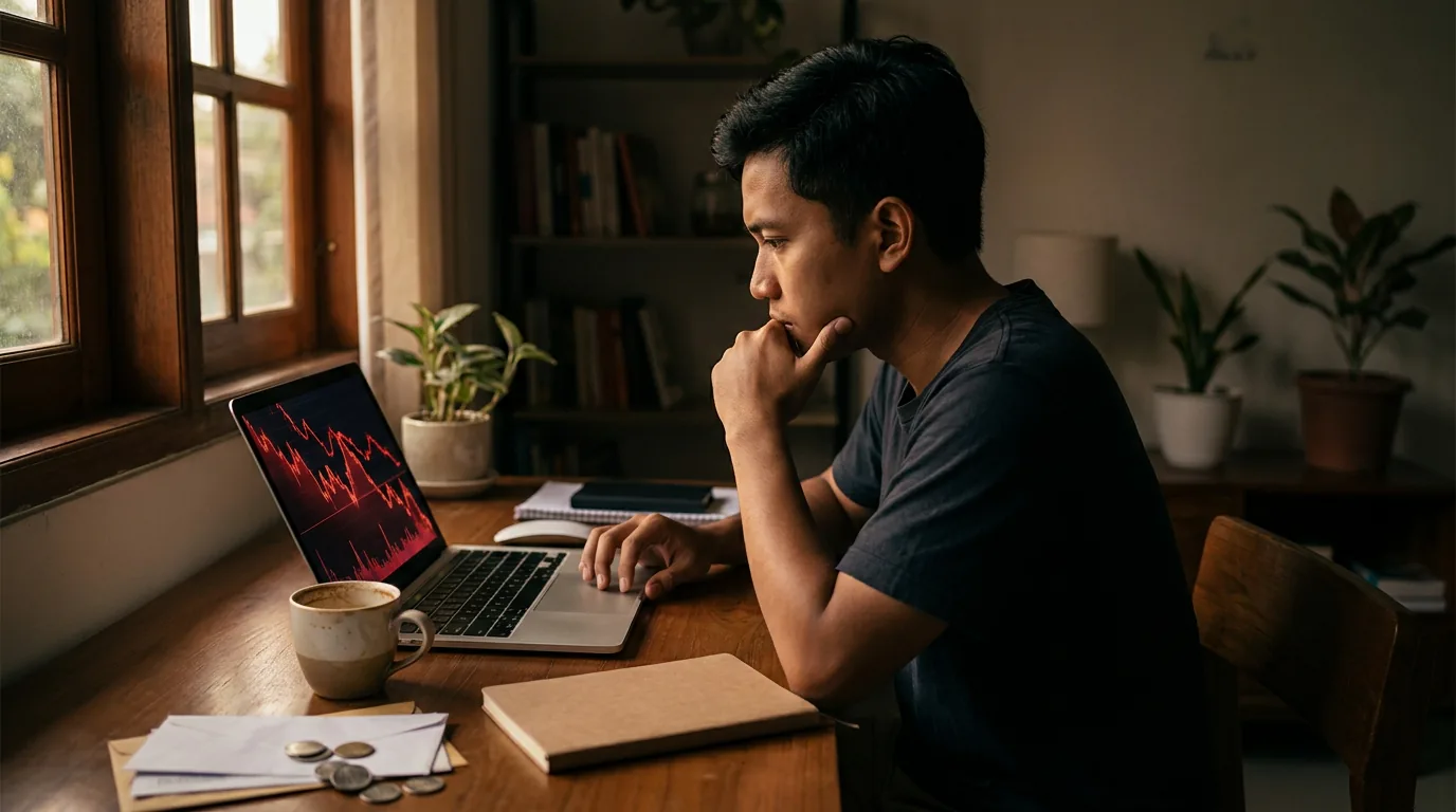 Seorang investor ritel muda Indonesia sedang fokus mengamati grafik saham yang menurun di layar laptopnya.