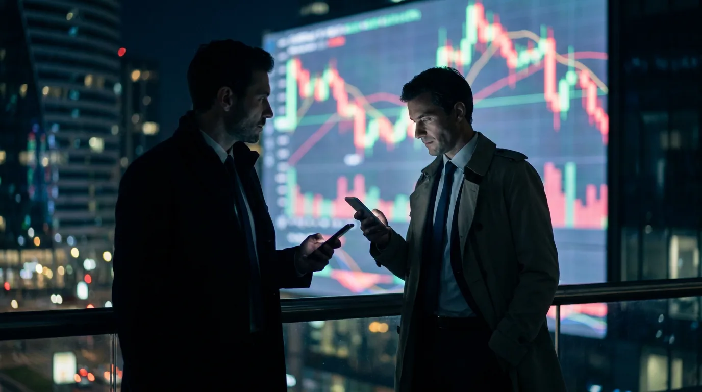 Siluet pengusaha melihat layar ponsel dengan latar belakang papan grafik saham digital yang buram.