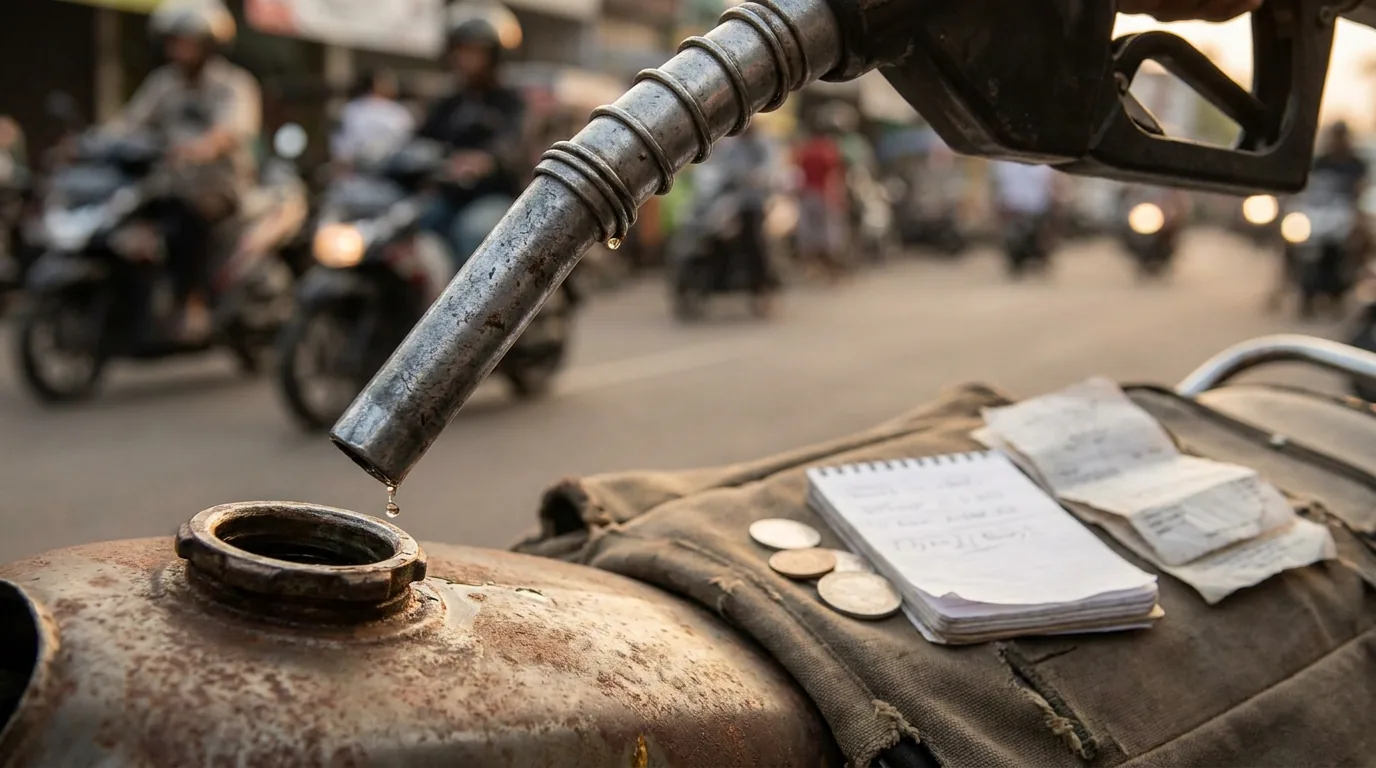 Jarak dekat nosel pompa bensin yang sedang mengisi bahan bakar motor, merepresentasikan pengaruh fluktuasi harga minyak mentah dunia terhadap biaya energi di Indonesia.