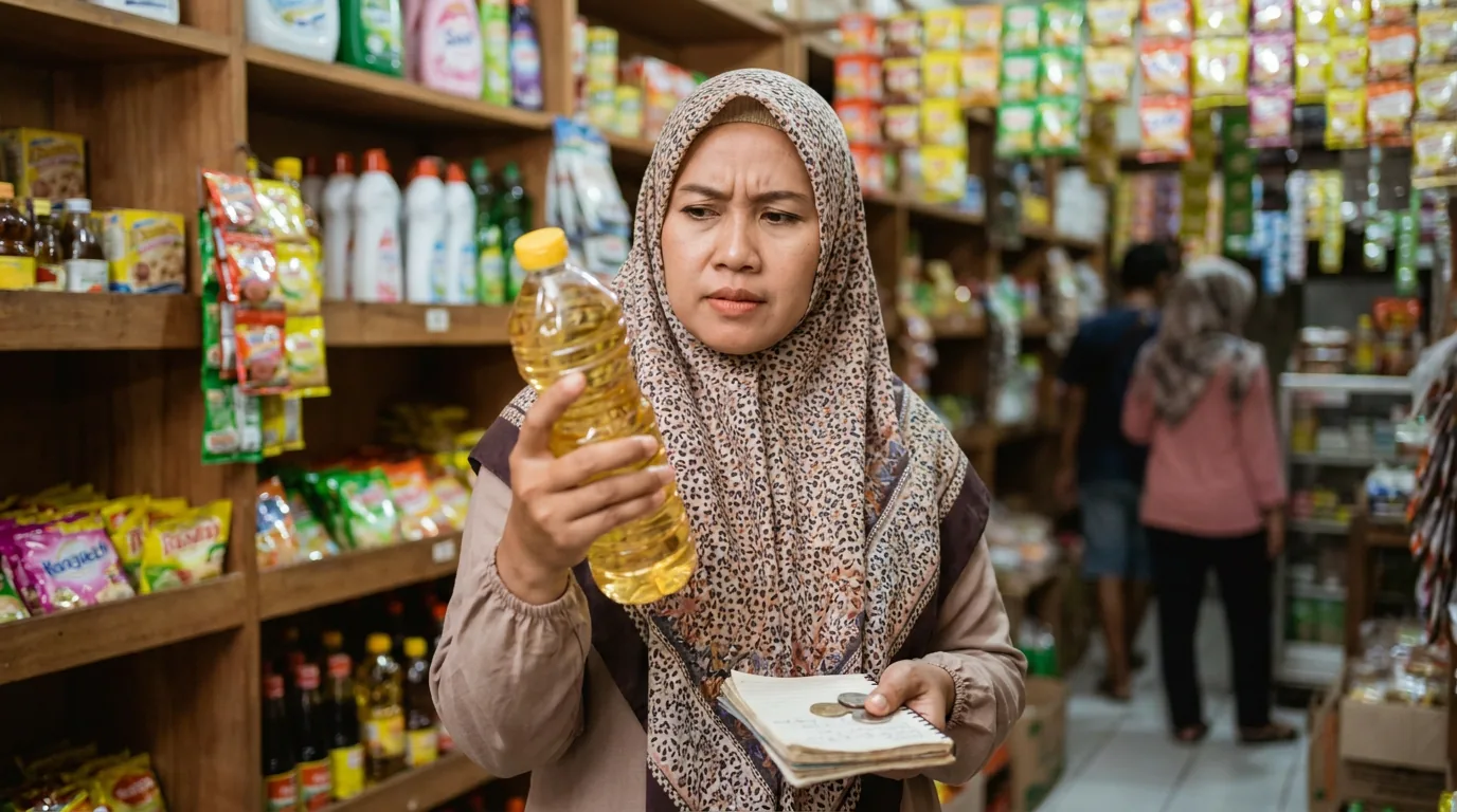Seorang konsumen di Indonesia sedang berbelanja kebutuhan sehari-hari di swalayan dengan raut wajah mempertimbangkan harga barang yang naik akibat inflasi.